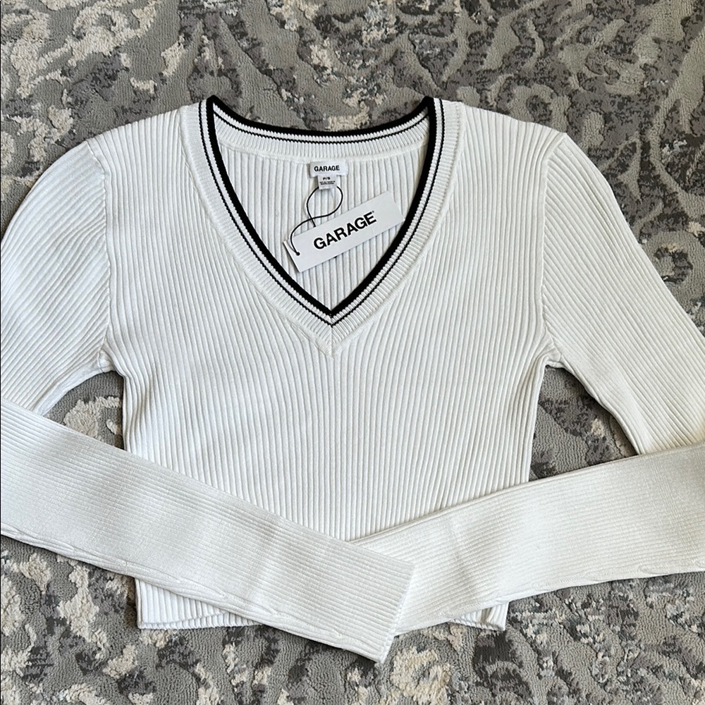 Garage White Ribbed V-Neck Long Sleeve Top with Black Trim